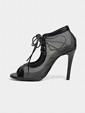 abordables Chaussures de danses latines-Escarpins de danse latine à lacets en maille noire pour femmes avec bout ouvert – chaussures de salsa à talons aiguilles respirantes pour la performance, la fête et l&#039;entraînement