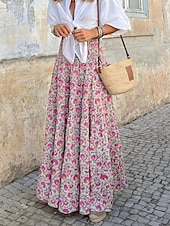 cheap Graphic Skirts-Women&#039;s Skirt Maxi Skirt A Line Swing Bohemia Casual Maxi High Waist Skirts Floral Pocket Print Micro-elastic Street Daily Pink Fuchsia Summer Polyester Cotton Blend