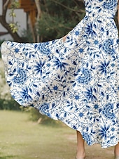 billiga Boho klänningar-Dam Midiklänning Solklänning A linjeklänning Off Shoulder Klänning Semester Ledigt Boho Utomhus Fest Utekväll Standardpassform Blommig Grafisk Ärmlös U-hals Blå Sjögrön Sommar