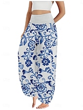 billiga Grafisk linnebyxa i bomull-Dam Linneinspirerade byxor Brett skaft Byxor Etnisk Stil Ledigt Boho Fullängd Hög midja Blommig Ficka Elastisk midja Tryck Mateial som andas Mjuk Microelastisk Utomhus Yoga Svart Rosa Marinblå Blå