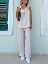 preiswerte Blusenanzüge für Damen-Damen Aktiv Basic Baumwoll-Leinen-Sets Bluse Hosen-Sets Ärmellos V Ausschnitt Einfarbig Täglich Alltagstauglich Wein Königsblau Beige Sommer Normale Passform