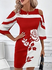 abordables Robes fleuries élégantes-Femmes Mini Robe Robe Décontractée Moulant Robe d&#039;été Mode Moderne Extérieur Quotidien Week-end Coupe régulière Fleuri Rayé Manche 3/4 Col ras du cou Noir Blanche Rouge Été