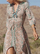 abordables Robe Boho-Robe Boho Femme Robe Western Robe Vintage Maxi Robe A Ligne Robe d&#039;été Robe Casual Quotidienne Coupe Régulière Graphique Florale Manches 3/4 Décolleté en V Bleu Été