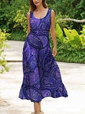 preiswerte Boho Kleider-Damen Midikleid Sommerkleid A Linie Kleid Schulterfreies Kleid Urlaub Lässig Normale Passform Grafik Paisley-Muster Boho Paisley Damast Ärmellos U-Ausschnitt Rundausschnitt Wein Blau Fuchsie Grün