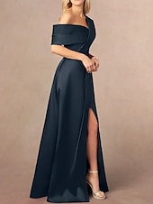 levne Večerní šaty-A-line večerní šaty elegantní šaty formální večerní party délky podlahy krátký rukáv v krku V satén s rozparkem
