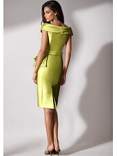 abordables Robes de cocktail-Robe de cocktail élégante en satin extensible jaune et vert, tenue de soirée formelle pour invités de mariage, longueur thé, manches courtes, épaules dénudées, avec fente, 2025