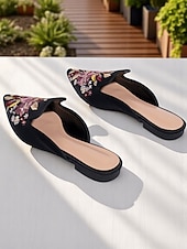 abordables Ballerines femme-mules en satin brodées à bout pointu pour femmes – ballerines à enfiler à fleurs vintage pour les rendez-vous décontractés et les promenades en plein air