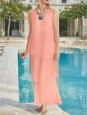 economico Lunghezza del pavimento-Matrimonio in Spiaggia Abito Madre della Sposa Linea A Ospite di Matrimonio Elegante Semplice Collo a V Lunghezza Caviglia Chiffon Senza Maniche con Strati Colore Solido 2025 misura personalizzata