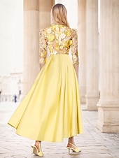 cheap Cocktail Dresses-Floral A-Line Embroidered Yellow Cocktail Dresses Elegant Dress Formal Wedding Ankle Length 3/4 Length Sleeve Illusion Neck Satin with Pocket