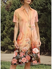 ieftine rochie florală-Pentru femei Rochii Midi Rochie A line Vacanță Casual Zilnic Dată Fit regulat Ombre Floral Grafic Manșon scurt Guler Cămașă Portocaliu Vară Primăvară