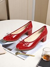cheap Block Heels-Women&#039;s Black Patent Leather Block Heel Ballet Pumps with Bow - Elegant Round-Toe Shoes for Work, Office &amp; Formal Events