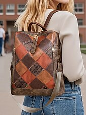 billiga Mode Ryggsäckar-Retro ryggsäck i konstläder för kvinnor – flerfärgad lappväska med konvertibla remmar, avslappnad bohemisk stil för pendling eller helgutflykter