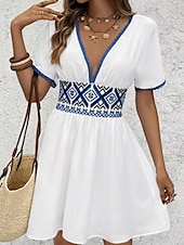 billiga Bohemklänningar-Dam Mini klänning Boho-klänning Klänning med tryck Västerländsk klänning Klassisk Modern Semester Helgdag Helgen Normal Blomma Kortärmad V-hals Vit Sommar