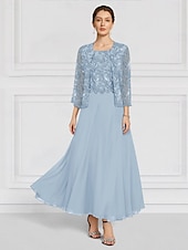 cheap With Jacket-Blue Green Two Piece A-Line Mother of the Bride Dress Beaded Elegant Vintage Simple Crew Neck Ankle Length Lace Long Sleeve with Lace Embroidery