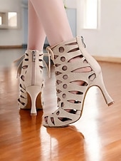 billige Sko til latindans-beige rhinestone latinske dansehæler med snøring for kvinner – pustende mesh peep toe performance sko for ballsaltrening