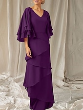economico Lunghezza del pavimento-Abito Due Pezzi A-Line Madre della Sposa Ospite Matrimonio Elegante Inclusa Fascia V Collo Lunghezza del Pavimento Chiffon Manica Mezza Fascia Inclusa con Volant