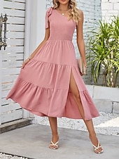 abordables Robes-Femmes Robe Midi Robe Blanche Robe en coton et lin Mode Moderne Extérieur Vacances Anniversaire Coupe régulière Uni Sans manches Une Épaule Rose Claire Noir Blanche Vert Véronèse Été