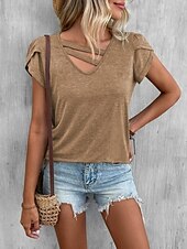 olcso Egyszerű póló-Női Blúz Egyszínű Letisztult Stílusos Hétköznapi Rövid Ujjú V Nyak Szokásos Felsők Napi Kivágott Fekete Fuchsiaszín Khaki Nyár