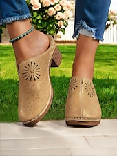 abordables Sabots et mules femme-Chaussures mules à talon carré perforé pour femme – style rétro chic pour les garden-parties, les promenades décontractées et les loisirs en plein air