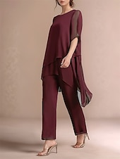 abordables Moins de 129,99 $-Ensemble de pantalon 2 pièces robe de mère de la mariée classique à col rond élégante en chiffon asymétrique à manches courtes avec une couleur unie