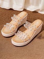 ieftine Sandale cu platformă tip pană-sandale de damă cu diapozitive transparente, cu ornamente de perle – design elegant șic cu toc, încălțăminte confortabilă și elegantă pentru vară, plajă și ieșiri casual