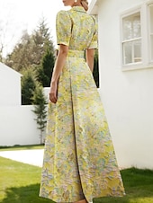 billige blomster-Jacquard Brokade Blomstret A-Linje Kvelds kjole Elegant Kjole Formell Bryllup Gulvlengde Kort Erme Skjortekrage Nylon med Splitt Lomme Bryllupsgjest Kjole