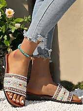 voordelige Vakantiesandalen-Boheemse platte sandalen voor dames – kleurrijke geborduurde bandjes, comfortabele en stijlvolle schoenen voor casual zomerdagen, strand en vakantie