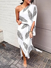 billiga Blommiga klänningar-Dam Maxiklänning Off Shoulder Klänning Semester Ledigt Boho Utomhus Strand Lös passning Grafisk Löv 3/4 ärm Enaxlad Svart Vit Blå Kaki Sommar