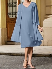 economico Con giacca-Abito da sposa a trapezio, elegante, semplice e minimalista, con scollo a V, lunghezza tè, in chiffon, a maniche lunghe con volant a cascata, 2025