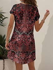 olcso Boho ruhák-Női Mini ruha Kötött ruha hétköznapi ruha Pólóruha Nyári ruha Szabadság Alkalmi Strand stílusok Normál Virágos Grafika Régies (Vintage) Rövid ujjú V-alakú Sárga Burgundi vörös Medence Bíbor Nyár