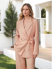 cheap Mom&#039;s Pant Suits-Blue Pantsuit Mother of the Bride Blazer Set Casual Simple Relaxed Fit Minimalist V Neck Floor Length Long Sleeve Wrap Included with Flower 2025