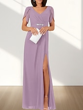 cheap Wedding Guest Dresses-A-Line Wedding Guest Dresses Elegant Dress Wedding Guest Engagement Floor Length Short Sleeve V Neck Chiffon with Ruched Beading Slit