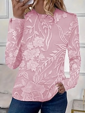 levne květinové tričko-Dámské Tričko Květinový Grafika Rostliny Elegantní Na běžné nošení Dlouhý rukáv Tričkový Kulatý Běžné topy Denní Tisk Světlá růžová Vodní modrá Fialová Béžová Jaro Podzim