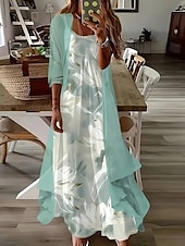 cheap Floral Dress-Women&#039;s Maxi Dress Dress Set Maxi Dress A Line Dress Summer Dress Vacation Boho Floral Layered Print 3/4 Length Sleeve Crew Neck Outdoor Daily Light Green Summer Spring Loose Fit