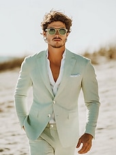 abordables Costumes décontractés-Pour des hommes Mariage à la plage Costumes Champagne Bleu Ciel Léger Rayé Coupe Standard 2 pièces Simple Boutonnage Deux Boutons
