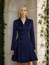 abordables Longitud del té-Vestido de la Madre de la Novia A-Line Vestido Tuxedo Vestido de Invitada de Boda Elegante Simple Lujoso Blazer Cuello con Solapas Largo hasta la Rodilla Satén Manga Larga con Pliegues y Bolsillos
