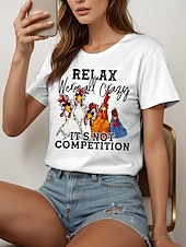 abordables T-shirt Humor &amp; Citations-Femmes T-shirt Chemise en coton Graphique Coq Lettre ancien Élégant Classique Manche Courte Col ras du cou Col rond Hauts Réguliers Quotidien Imprimé Blanche Gris Été