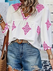 baratos Tops Boho Femininos-Mulheres Blusa Geométrica Boêmia Casual Manga 3/4 Manga Princesa Decote V Tops regulares Diário Imprimir Rosa Azul Marinha Roxo Verde Verão Primavera