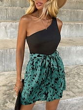 abordables combinaisons formelles-Femmes Normal Combishort Streetwear Imprimé Sans manches Une Épaule Patchwork Cordon de serrage Rue Quotidien Coupe régulière Bleu Vert Abricot Été