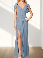 abordables Robes pour invitées de mariage-Robes d&#039;invitée de mariage A-Line Élégante Robe Invitée de mariage Fiançailles Longueur de sol Sans manches Col en V Chiffon Dos drapé avec plis Fente