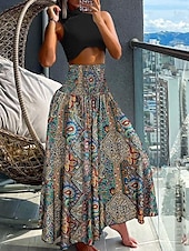 voordelige Grafische rokken-Dames Rok Maxi Rok Bohemia Mode Strandkleding Casual Midi Hoge Taille Rokken Bloemen Paisley Micro-elastisch Vakantie Straat Grijs Groen Zwart Geel Lichtgroen Zomer Polyester