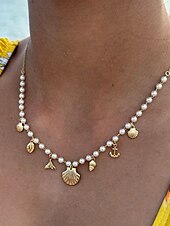 cheap Women&#039;s Necklace-Women&#039;s Pearl Beaded Necklace with Gold Sea Charms – Nautical Beach Jewelry for Summer Vacation and Resort Wear