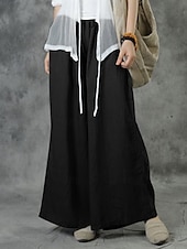 economico Pantaloni in lino e cotone semplici-Pantaloni in Cotone e Lino da Donna Pantaloni Baggy a Gamba Larga Colore Unito Vacanza Base Casual Lunghezza Completa Vita Alta Semplice Tasca Elasticizzato Comfort Esterno Micro-elastico Vacanza