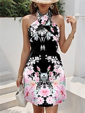 preiswerte Blumenkleider-Damen Minikleid Sommerkleid A Linie Kleid Halterkleid Urlaub Lässig Ausgehen Normale Passform Blumen Grafik Ärmellos V Ausschnitt Schwarz Weiß Blau Grün Sommer