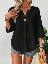 billige Kvinne Enkle Topper-Dame Bluse Helfarge Stilfull Fritid 3/4 ermer V-hals Vanlige topper Daglig Ferie Knapper Svart Hvit Oransje Sommer Vår