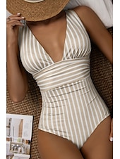 abordables Maillots de bain une pièce-Femmes Maillots de Bain Une Pièce Maillot de bain Dos nu Tropical Tenues de plage Rayé Fil en V Sans manches Maillots de bain