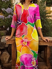 abordables Robes fleuries-Femmes Robe maxi Robe T-Shirt Robe fourreau Vacances Occasionnel Boho Extérieur Sortir Coupe régulière Fleuri Graphique Demi Manches Col en V Fuchsia Été Printemps