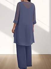 billige Gulvlengde-Jumpsuit  Buksedress 3 Delt Mor til bruden Kjole Bryllupsgjest Elegant Ledig Rund Utringning Gulvlengde Chiffon 3/4 Lengde Ermer med Perleapplikasjoner