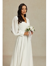 economico Abiti bianchi-Abiti da sposa Linea ad A Scollo a V Manica Lunga Lunghezza alla caviglia Chiffon Abiti da sposa Con Tinta unita 2025