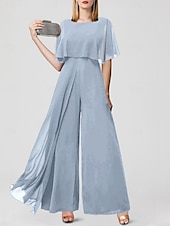 baratos Macacões da mamãe-Jumpsuits para Convidadas de Casamento Elegantes Formais Comprimento Longo Mangas Curtas Decote Joaninha Chiffon com Franjas 2025 tamanho personalizado gratuito